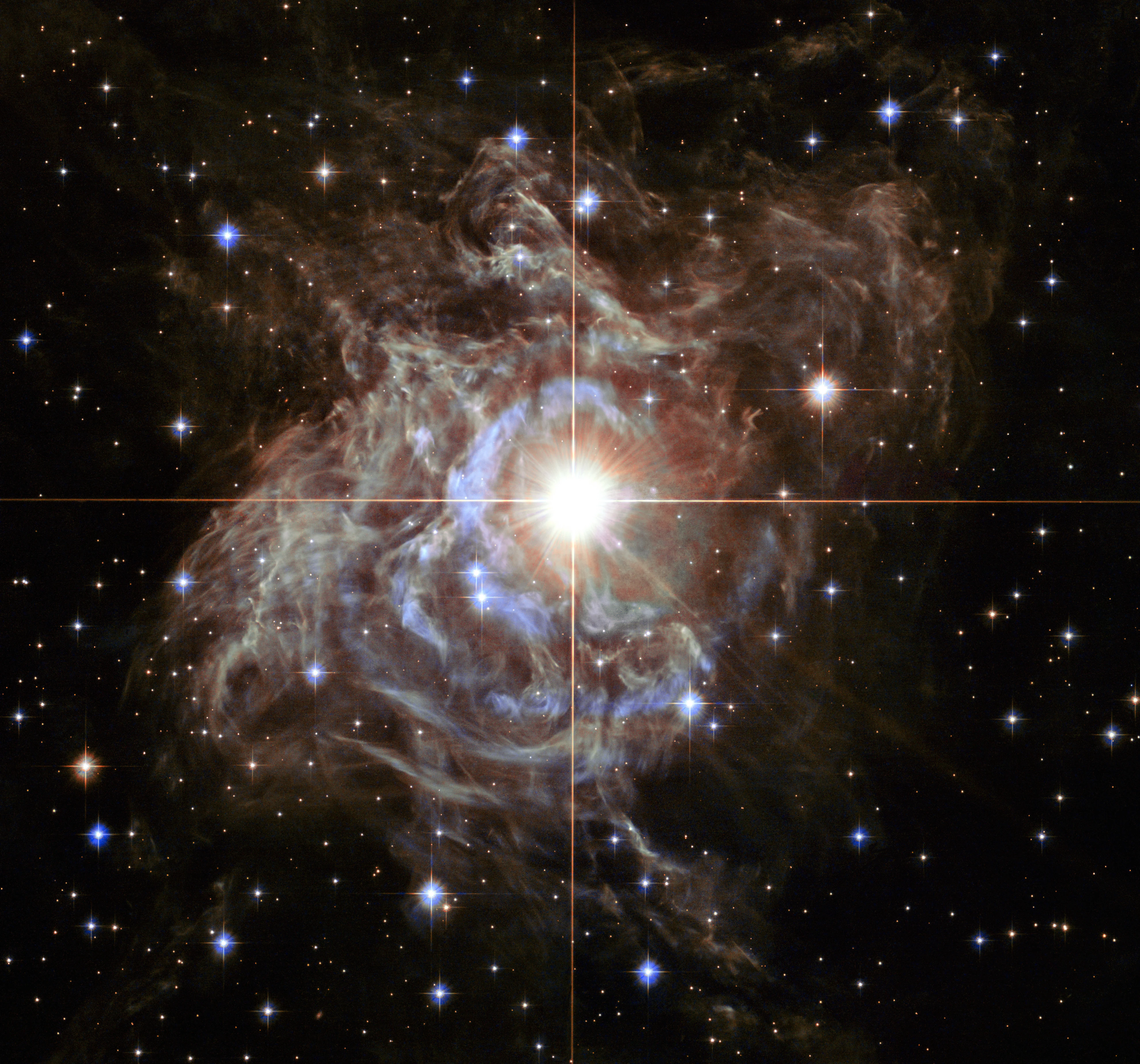 The Cepheid variable star RS Puppis at the centre of a thick reflection nebula, photographed by Hubble