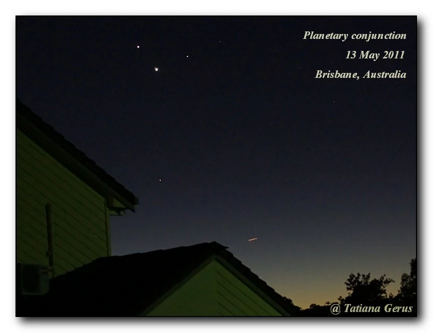 Four planets aligned above the horizon in the predawn sky, photographed from Brisbane, Australia