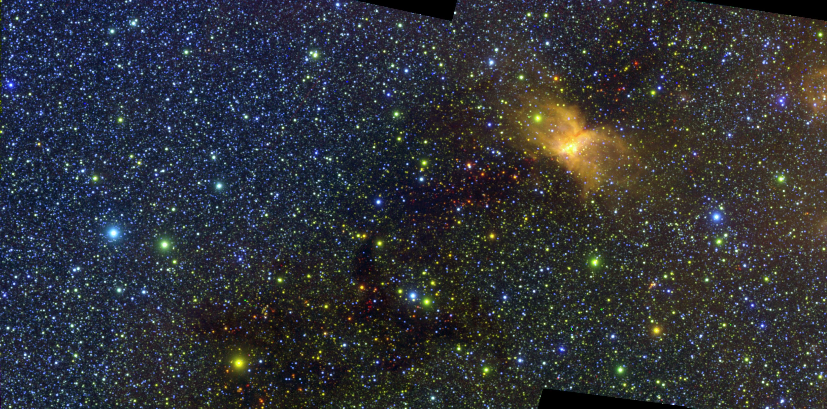 Infrared image of the Vela Molecular Ridge captured by NASA's SPHEREx, showing glowing interstellar dust and gas