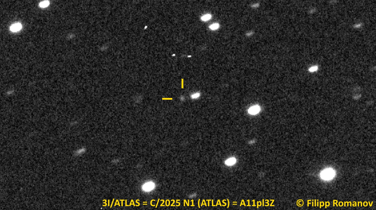 The faint interstellar comet 3I/ATLAS as a small diffuse smudge among background stars, imaged the day after its discovery.