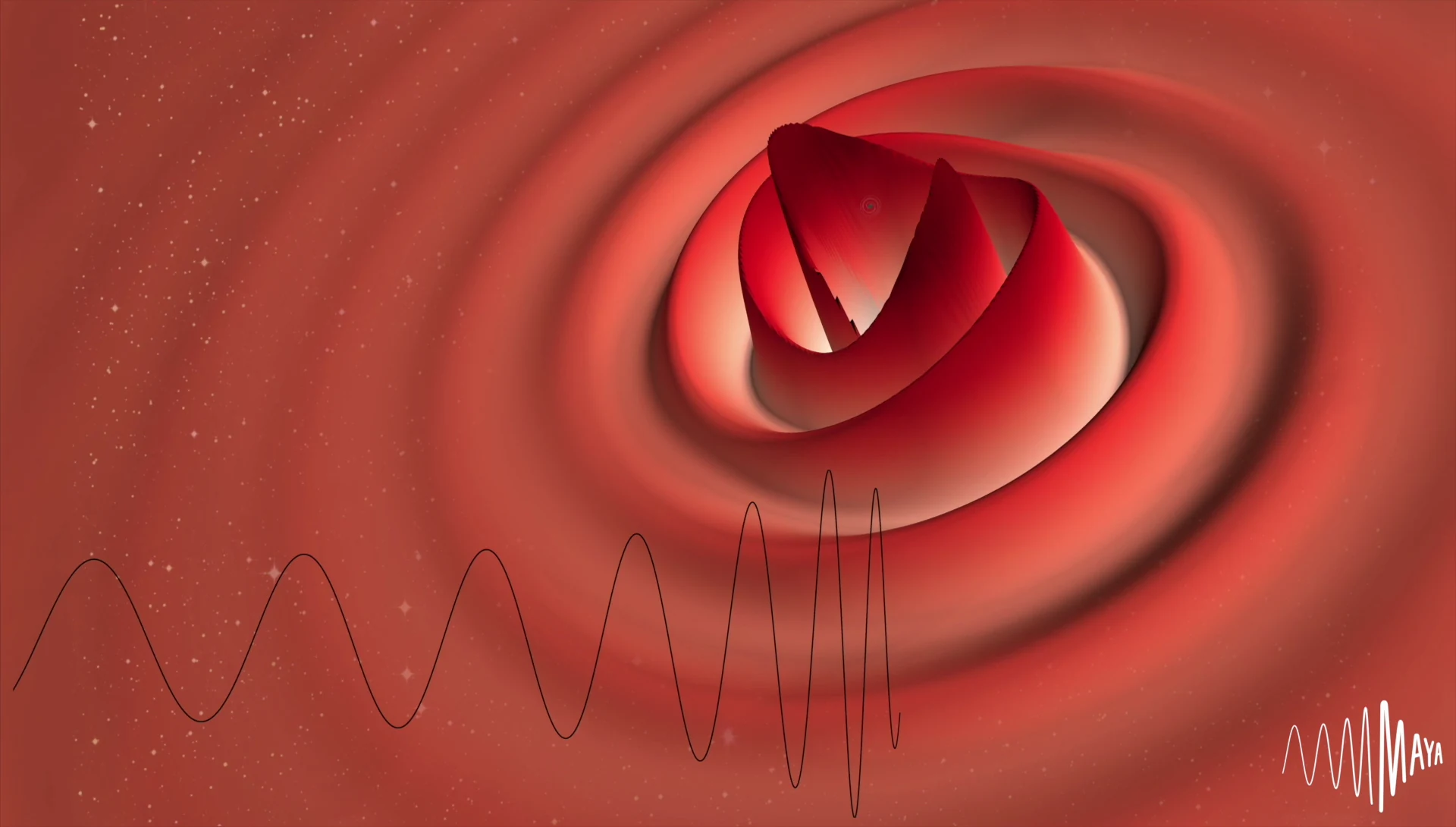 Numerical-relativity simulation showing two black holes spiralling together above a warped grid of spacetime, with the emitted gravitational waveform rippling outward