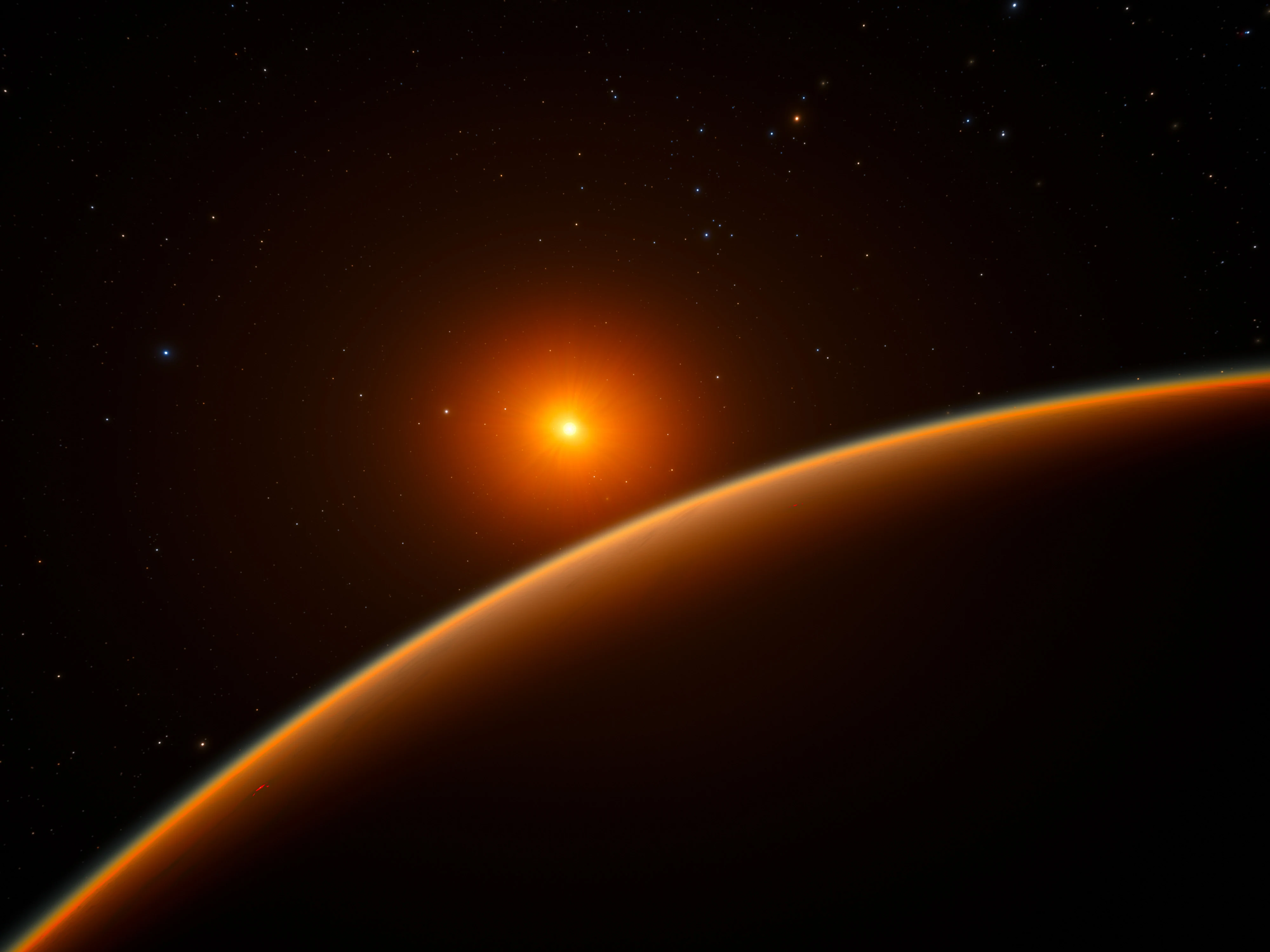 Artist's impression of the super-Earth LHS 1140 b as a dark, curved planetary limb rimmed with orange light, lit by its red dwarf star against a field of stars.