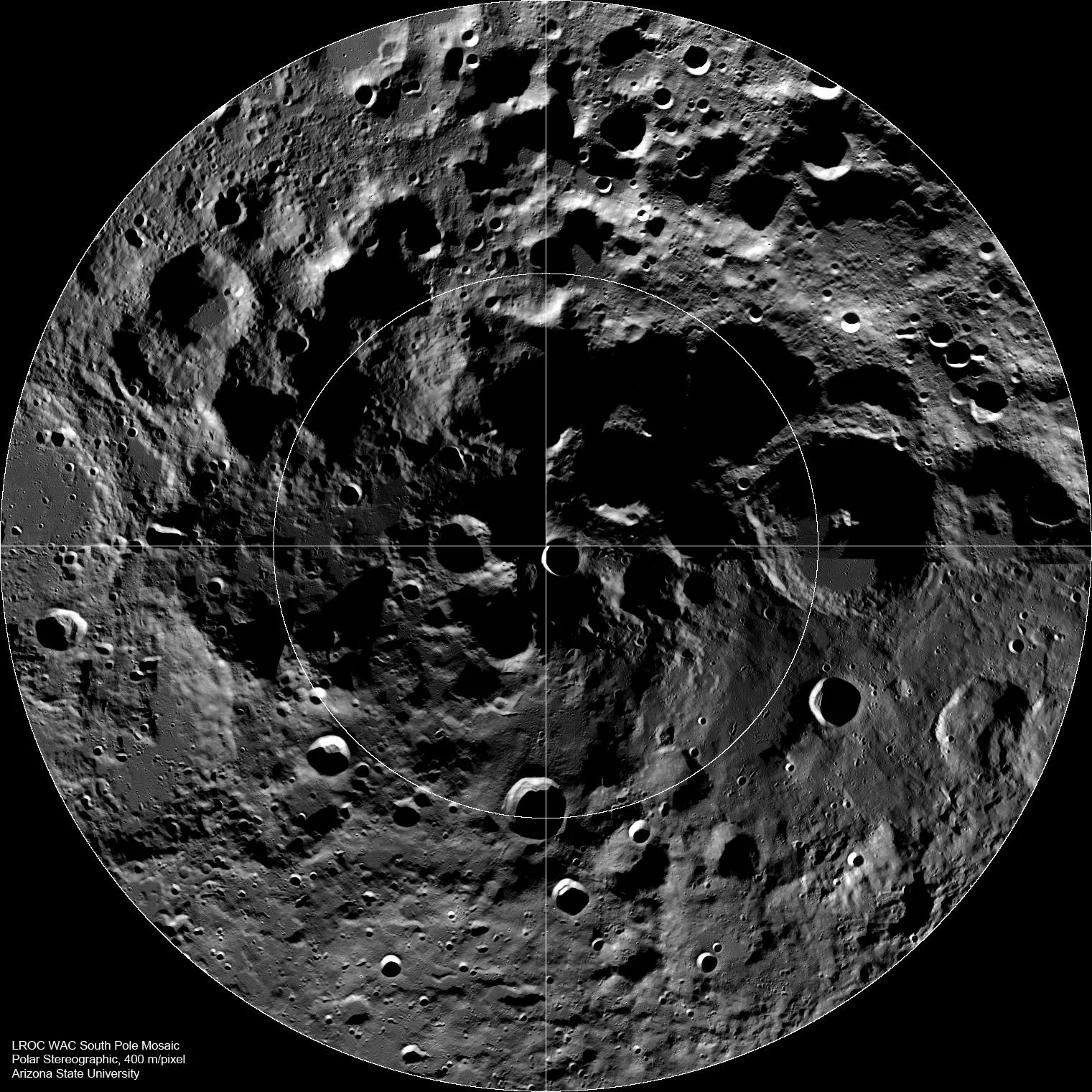 Lunar Reconnaissance Orbiter mosaic of the Moon's south polar region, a crush of overlapping crater rims with shadow-filled floors near the pole.