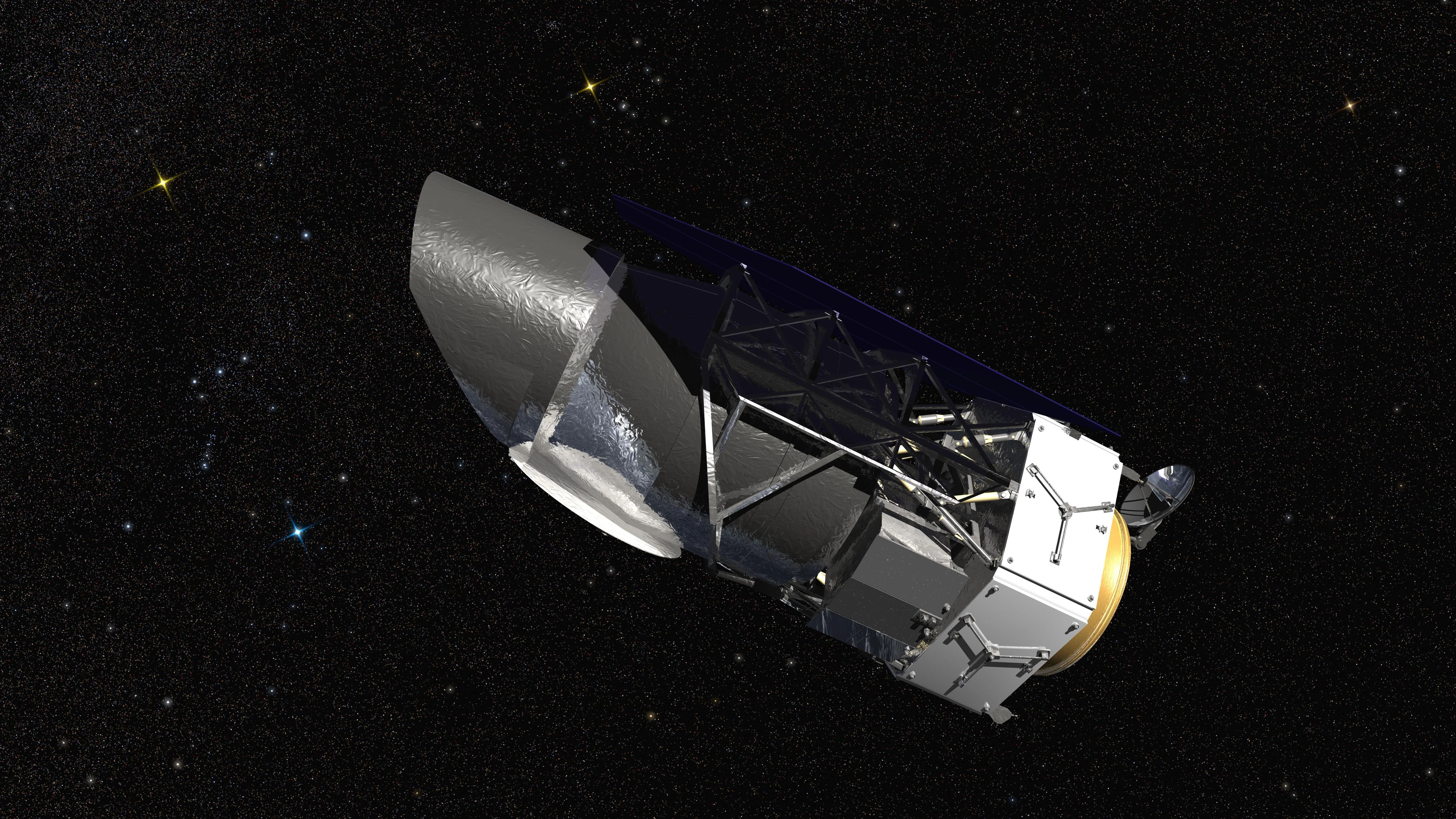 Artist's concept of NASA's Nancy Grace Roman Space Telescope (formerly WFIRST), a Hubble-sized survey observatory, shown against a star field