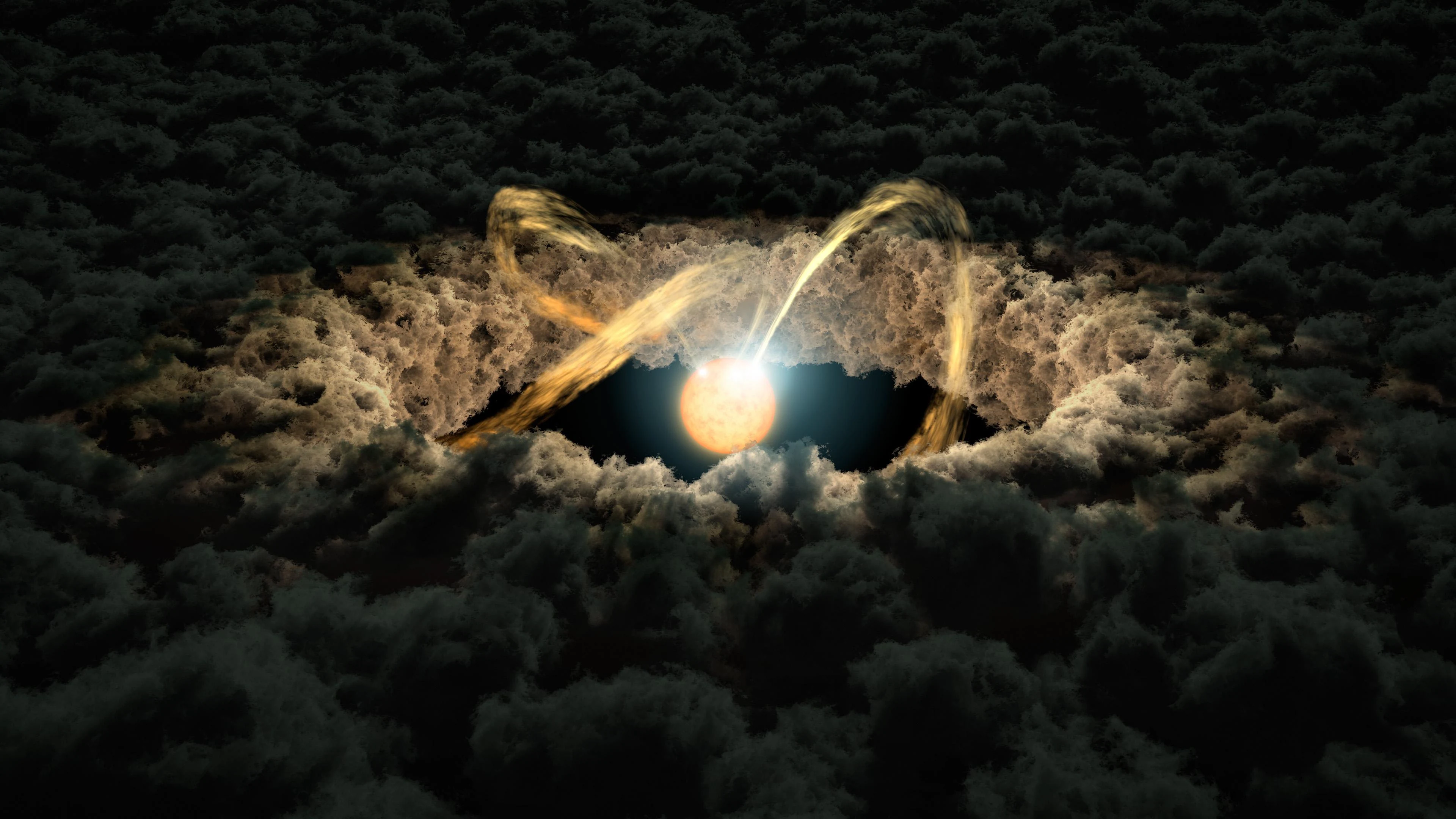Artist's concept of a young star surrounded by a bright, dusty protoplanetary disk of gas and dust seen nearly edge-on (NASA/JPL-Caltech illustration).