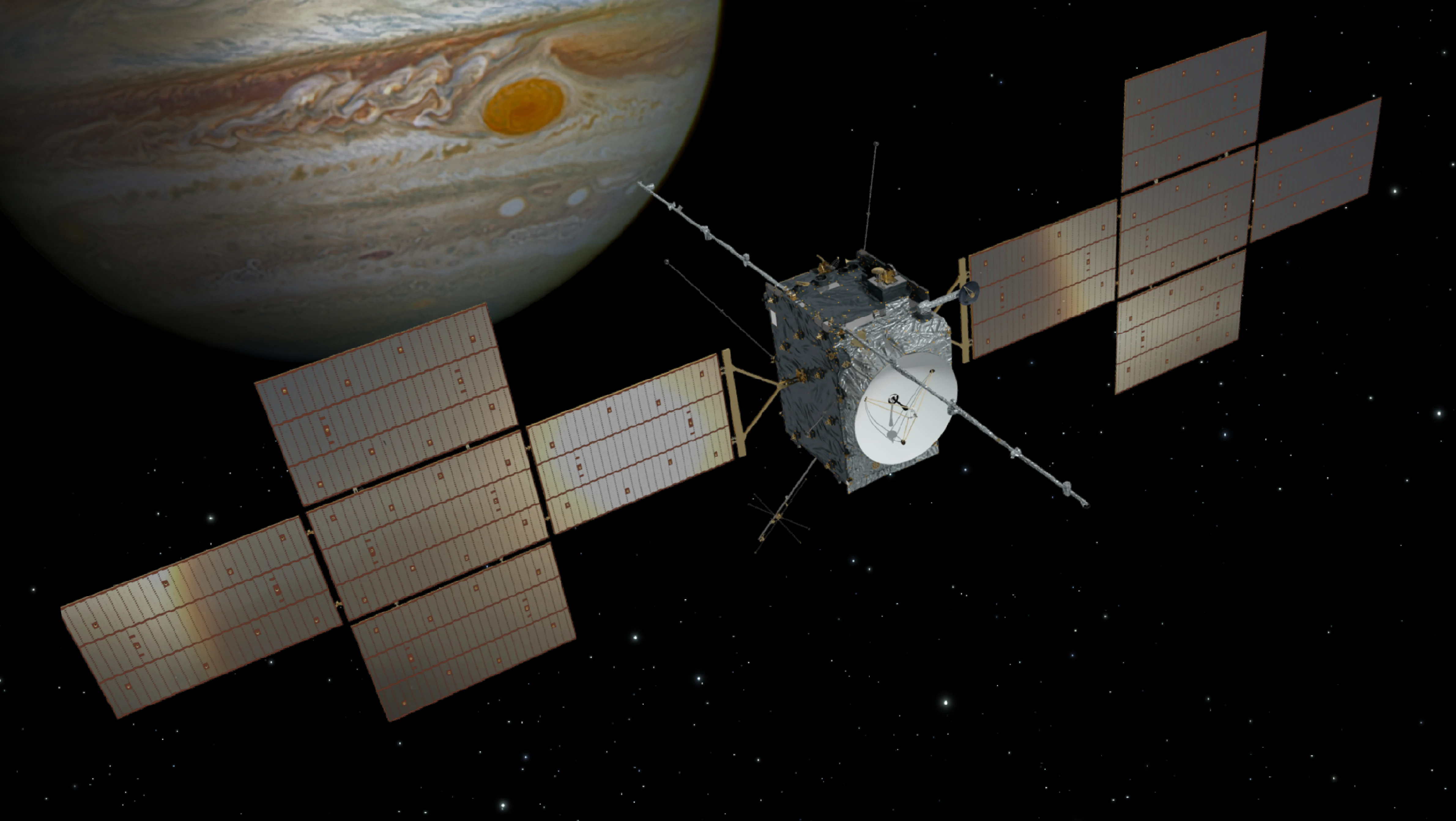 Artist's illustration of ESA's JUICE spacecraft, its cross-shaped solar arrays extended, in front of Jupiter and the Great Red Spot