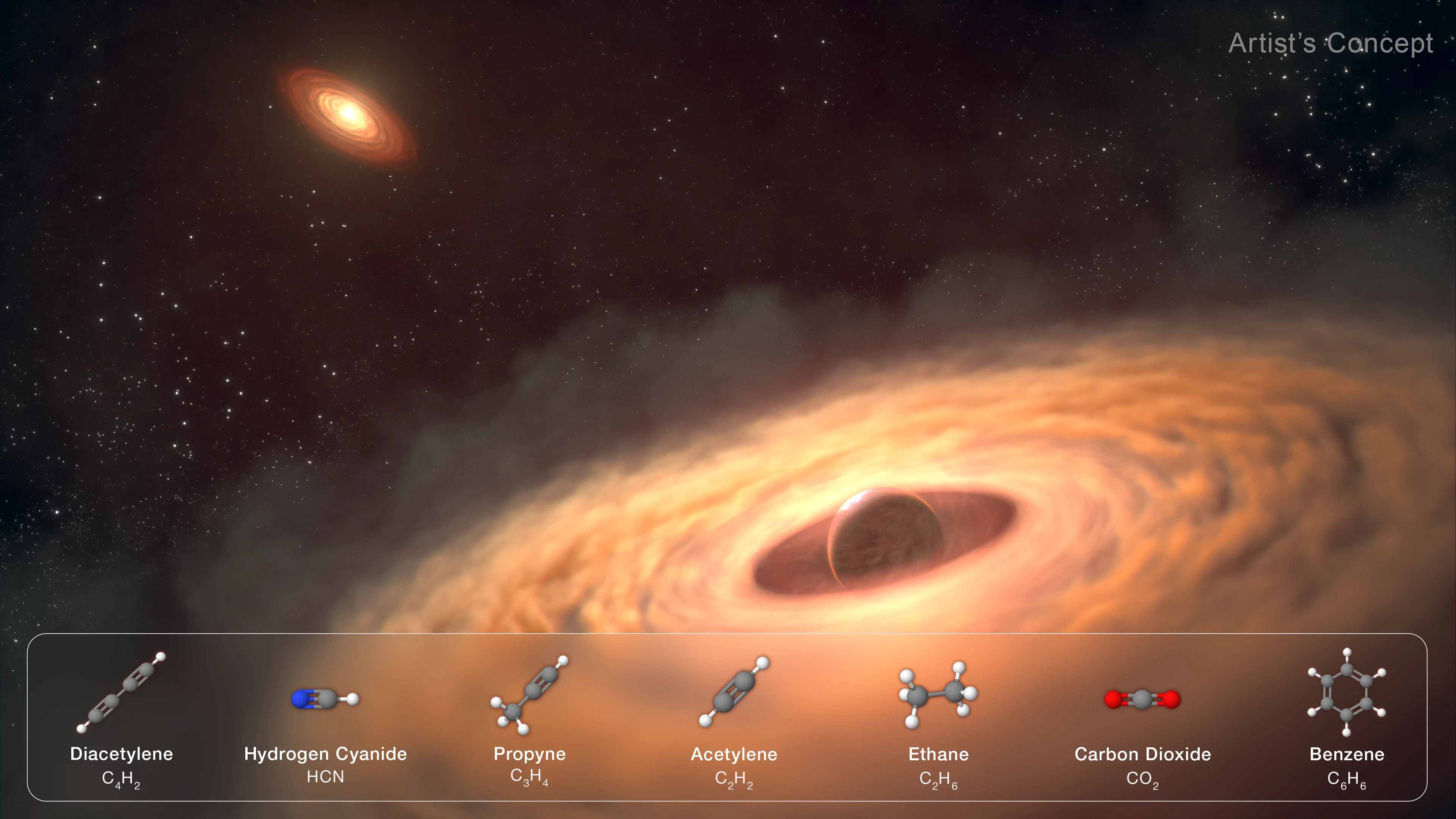 Artist's illustration of a young red exoplanet wrapped in a glowing disc of dust and gas where moons could form, with its host star and a second dusty disc in the background.