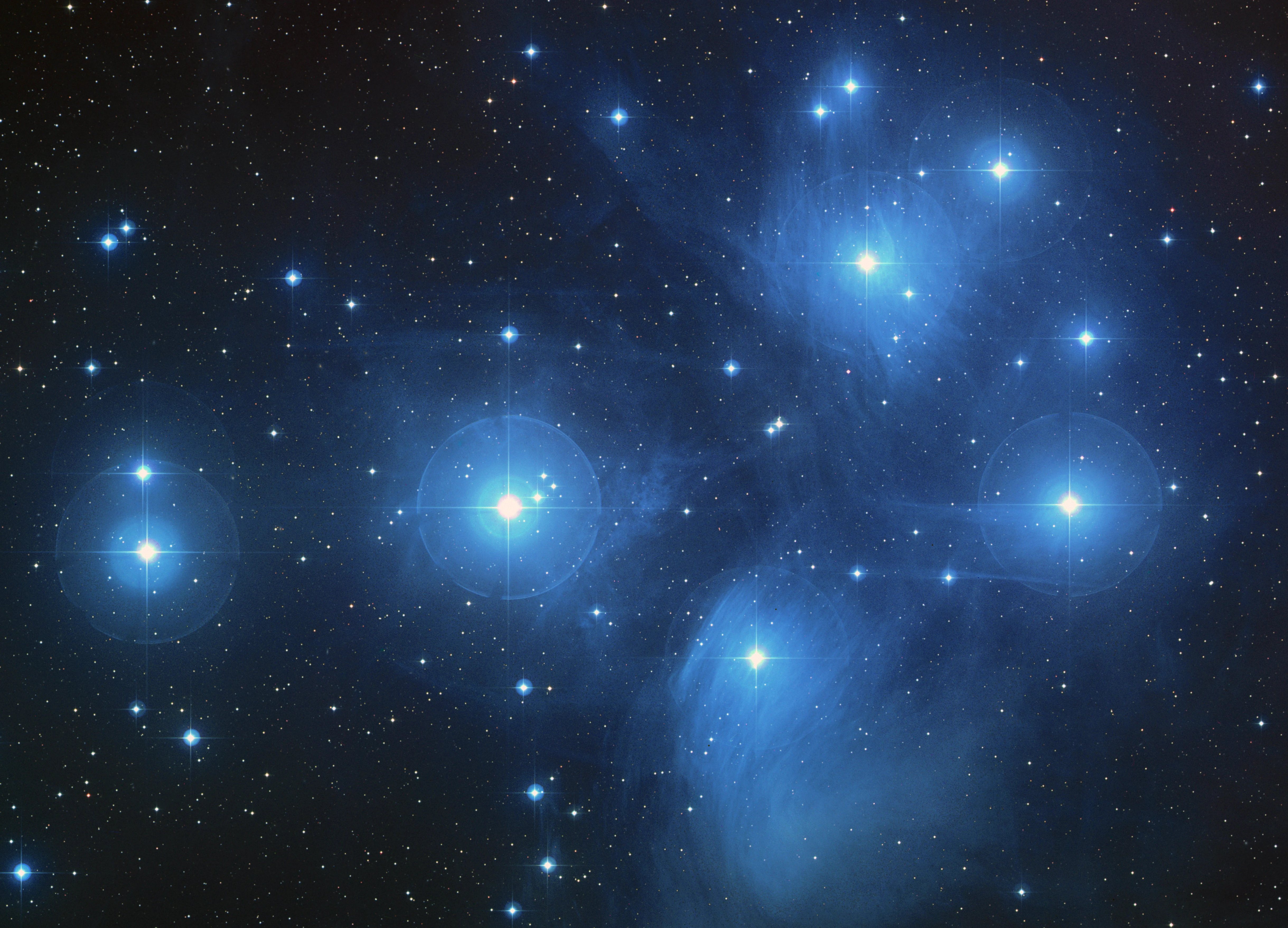 The Pleiades star cluster in a colour survey photograph: a handful of bright blue-white stars wrapped in wispy blue reflection nebulosity against a black field scattered with fainter stars