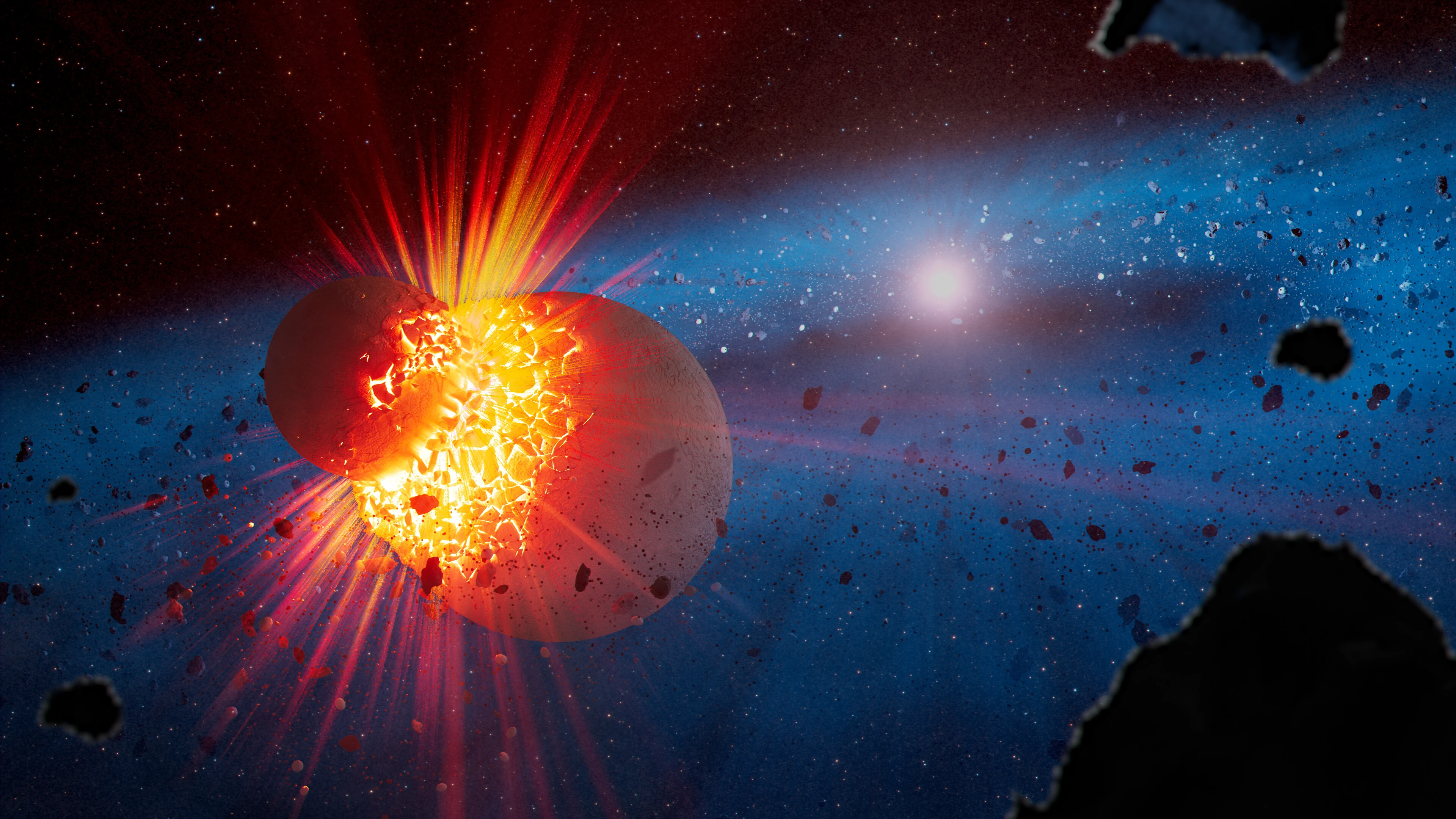 Artist's illustration of a young star inside a broad blue ring of dusty debris, with a small planetary body crashing into a larger one in the foreground and glowing orange vapor streaming from the impact.