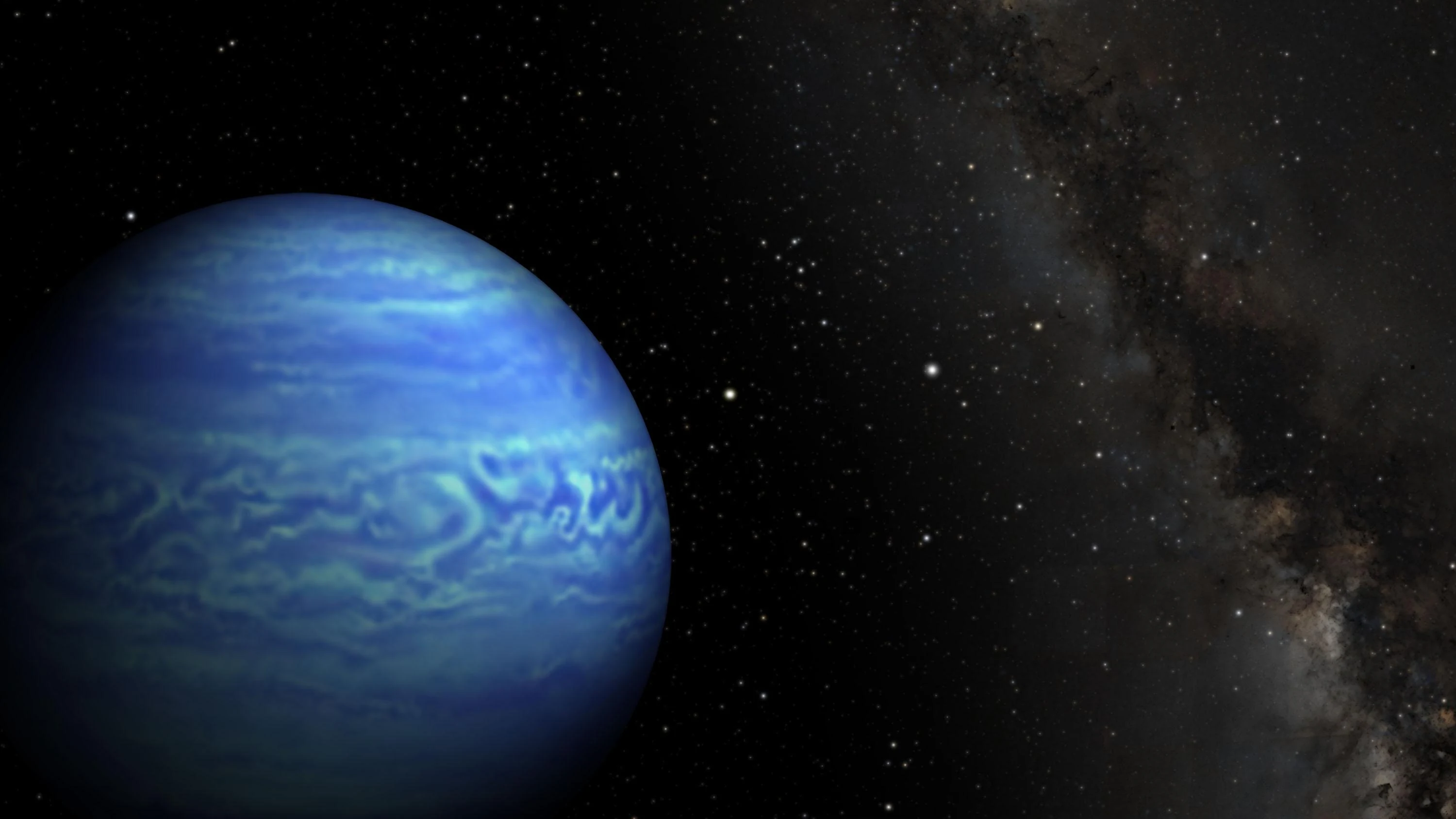 Artist's illustration of a blue, banded Jupiter-like world with swirling cloud features, seen against a dark star field with the Milky Way on the right.